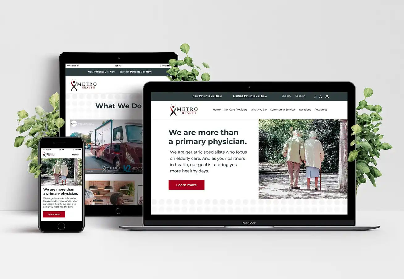 MetroHealth Website Mockup on a Desktop, mobile and tablet