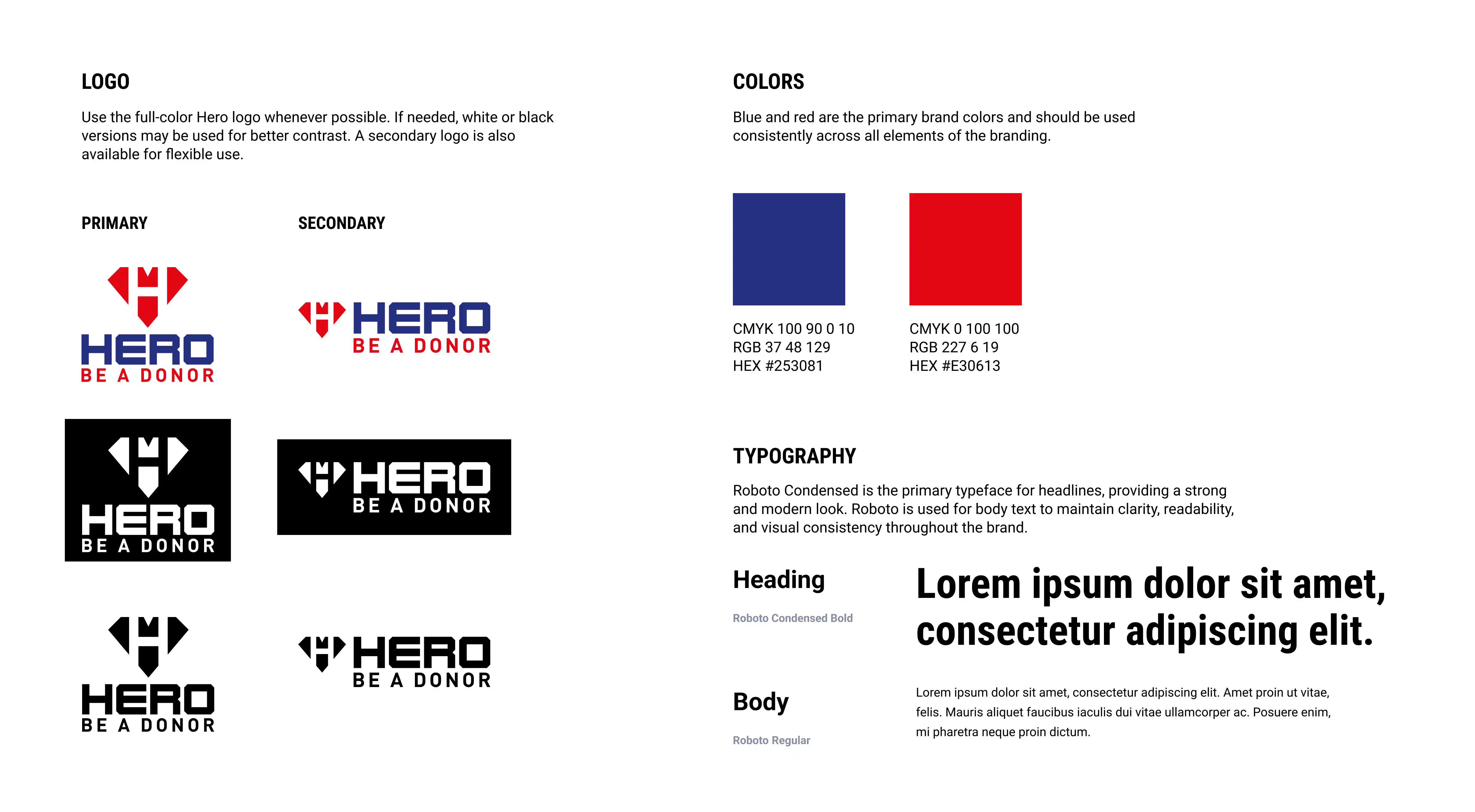 Hero Be A Donor Logo, colors, and typography