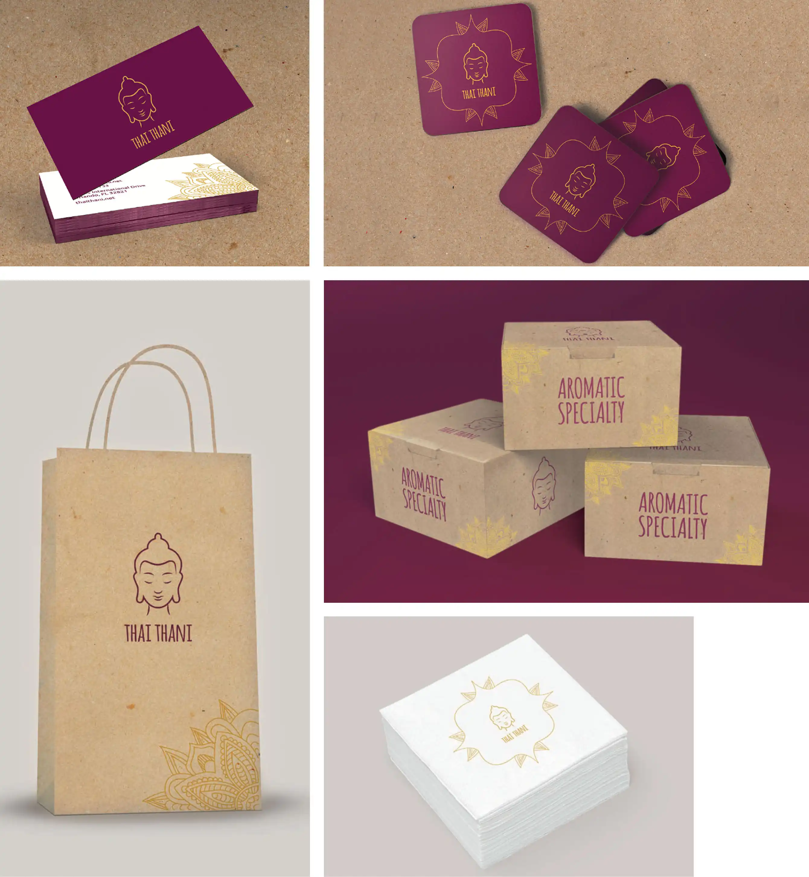 Thai Thani Restaurant paper bag, small box and napkins, business card, coasters mockups
